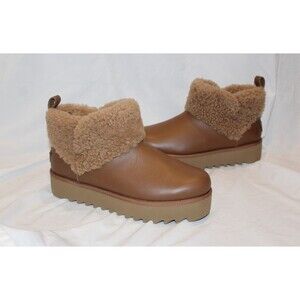 UGG WOMEN'S MINI ALINA PLATFORM LEATHER SHEARLING CUFF ANKLE BOOTS CHESTNUT 12